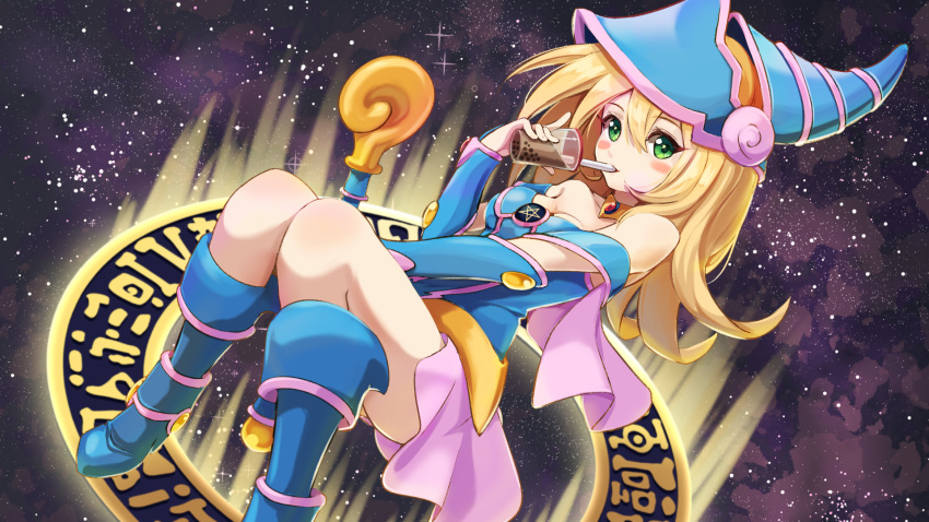 1girl bare_shoulders blonde_hair blue_headwear blue_legwear blush blush_stickers breasts bubble_tea cleavage dark_magician_girl green_eyes hat highres large_breasts long_hair magic_circle miu_(angelo_whitechoc) solo wand wizard_hat yu-gi-oh!