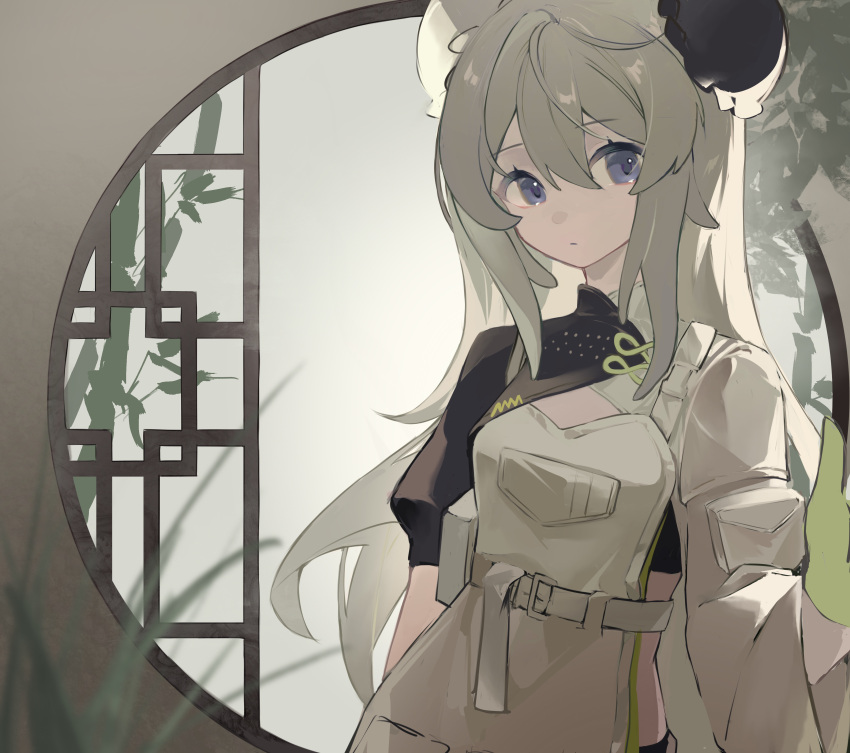 1girl 233baso4 absurdres apron arknights asymmetrical_clothes bangs blue_eyes bun_cover closed_mouth eyebrows_visible_through_hair hair_between_eyes highres indoors long_hair long_sleeves looking_at_viewer mulberry_(arknights) mulberry_(plant_crude_drug)_(arknights) official_alternate_costume round_window short_sleeves silver_hair solo upper_body very_long_hair white_apron window