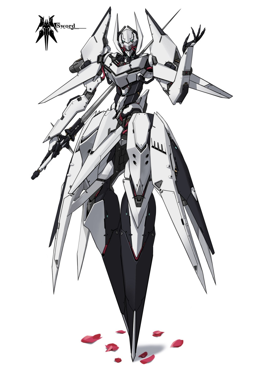 cable ctpt9r english_commentary full_body highres holding holding_sword holding_weapon looking_at_viewer mecha no_feet no_humans original petals reverse_grip science_fiction solo standing sword thrusters tube weapon white_background