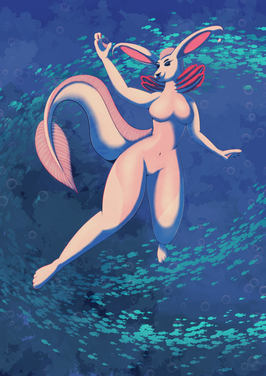 absurd_res amphibian angel_(deedoss) anthro axolotl big_ears big_tail breasts deedoss female fish genitals gills glistening glistening_body hare hi_res hybrid lagomorph leg_markings leporid mammal marine markings mole_salamander pussy salamander_(amphibian) sea smooth_skin solo swimming thick_thighs thigh_markings water wide_hips