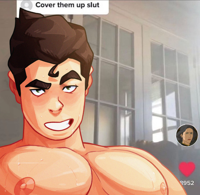 1boy absurdres avatar_(series) bara black_hair blush bolin come_hither cover_them_up_slut_(meme) green_eyes hair_strand hessol highres indoors looking_at_viewer male_focus mature_male meme muscular muscular_male pectorals raised_eyebrow seductive_smile short_hair sideburns smile solo the_legend_of_korra thick_eyebrows upper_body wet