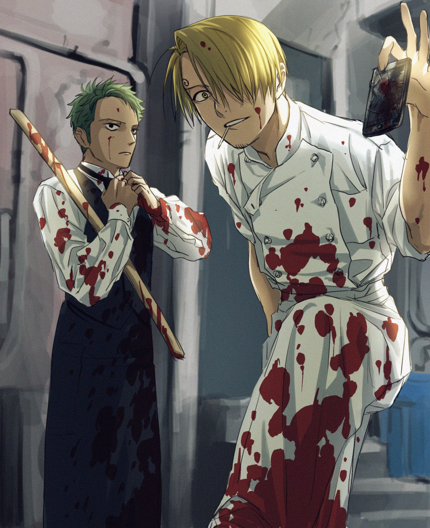 2boys 4myaku1 blonde_hair blood blood_on_clothes blood_splatter bokken commentary_request delinquent feet_out_of_frame from_below green_hair highres holding holding_sword holding_weapon looking_at_viewer looking_down male_focus multiple_boys one_piece pov roronoa_zoro sanji sword weapon wooden_sword