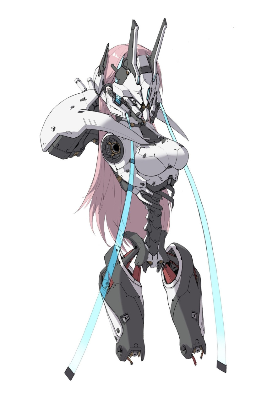 1girl amputee android breasts cable ctpt9r headgear highres joints long_hair mask medium_breasts original pink_hair robot_joints science_fiction solo spine white_background