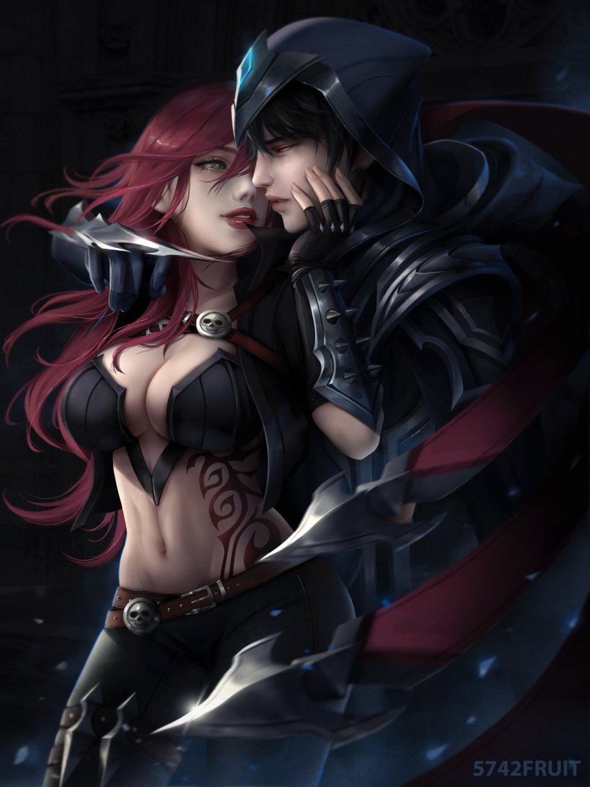 5742fruit absurdres breasts green_eyes highres katarina_(league_of_legends) league_of_legends lips navel necktie provocation red_hair talon_(league_of_legends) tattoo yellow_eyes