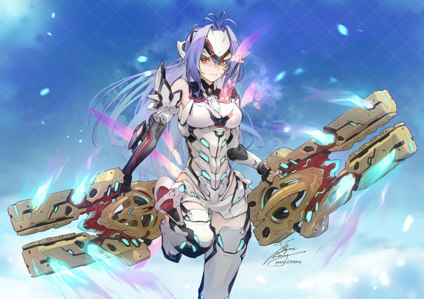 1girl android armor bare_shoulders blue_hair breasts elbow_gloves expressionless fadingz forehead_protector gloves kos-mos kos-mos_re: large_breasts leotard long_hair looking_at_viewer red_eyes solo thighhighs very_long_hair weapon white_leotard xenoblade_chronicles_(series) xenoblade_chronicles_2 xenosaga