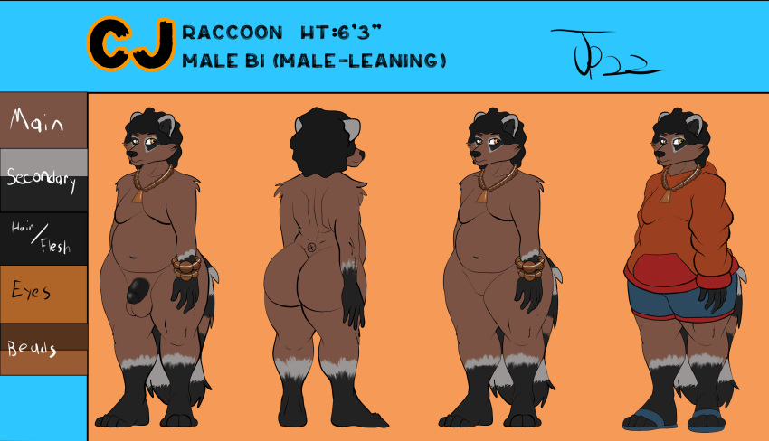 anthro balls bead_bracelet bead_necklace big_butt butt chubby_male cj(jackiepancoon) clothing flip_flops footwear genitals hi_res hoodie jackiepancoon male mammal model_sheet overweight overweight_male penis procyonid raccoon rear_view sandals solo thick_penis thick_thighs topwear wide_hips