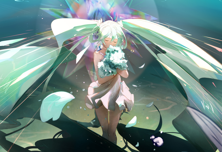 1girl absurdly_long_hair absurdres aqua_flower aqua_hair bangs bare_arms bare_legs bouquet bow closed_eyes dress facing_viewer floating_hair hair_between_eyes hair_bow hatsune_miku highres holding holding_bouquet long_hair petals short_dress sleeveless sleeveless_dress solo standing thigh_gap twintails ufff8522 very_long_hair vocaloid white_bow white_dress