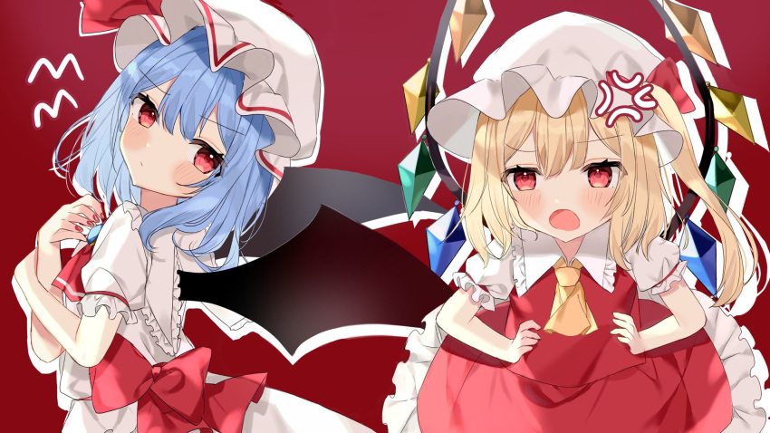 2girls anger_vein angry ascot back_bow bangs bat_wings belt blonde_hair blue_hair blush bow closed_mouth collared_dress collared_shirt commentary_request crystal dress eyebrows_visible_through_hair eyes_visible_through_hair fingernails flandre_scarlet frills gem hair_between_eyes hands_on_hips hands_up hat hat_ribbon highres jewelry looking_at_another looking_to_the_side mob_cap multicolored_wings multiple_girls nail_polish one_side_up open_mouth puffy_short_sleeves puffy_sleeves red_ascot red_background red_belt red_bow red_dress red_eyes red_nails red_ribbon remilia_scarlet ribbon shirt short_hair short_sleeves siblings sisters standing touhou white_dress white_headwear white_shirt wings yellow_ascot yumeno_ruruka