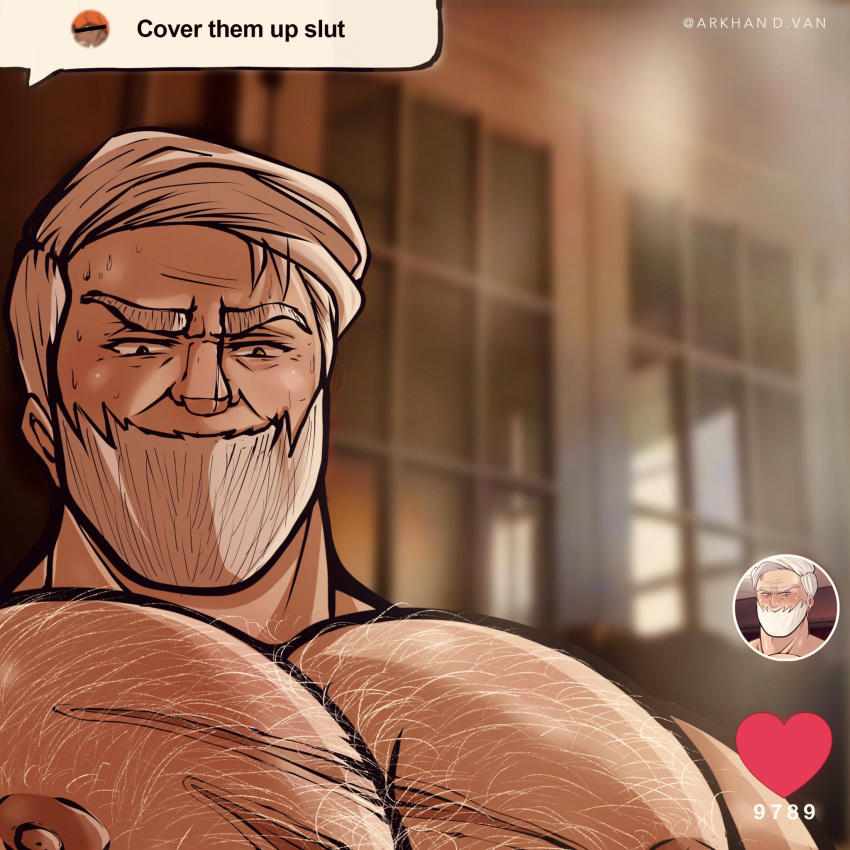 1boy arkhan.dvan bara beard blush chest_hair cover_them_up_slut_(meme) drayden_(pokemon) facial_hair highres indoors looking_at_viewer male_focus mature_male meme muscular muscular_male old old_man pectorals pokemon pokemon_(game) pokemon_bw2 scar scar_on_chest short_hair solo sweatdrop thick_eyebrows upper_body white_hair