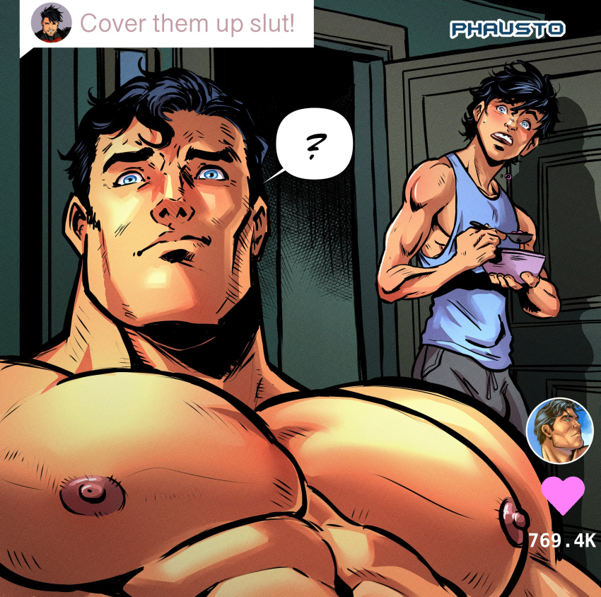 2boys ? absurdres artist_name bara black_hair black_pants blue_eyes blue_tank_top blush bowl clark_kent closed_mouth cover_them_up_slut_(meme) dc_comics dialogue_box highres holding holding_bowl holding_spoon jonathan_kent large_pectorals looking_at_another looking_at_viewer male_focus meme multiple_boys muscular muscular_male nipples open_mouth pants pectoral_focus pectorals phaustok short_hair spoon superman_(series) tank_top tiktok upper_body