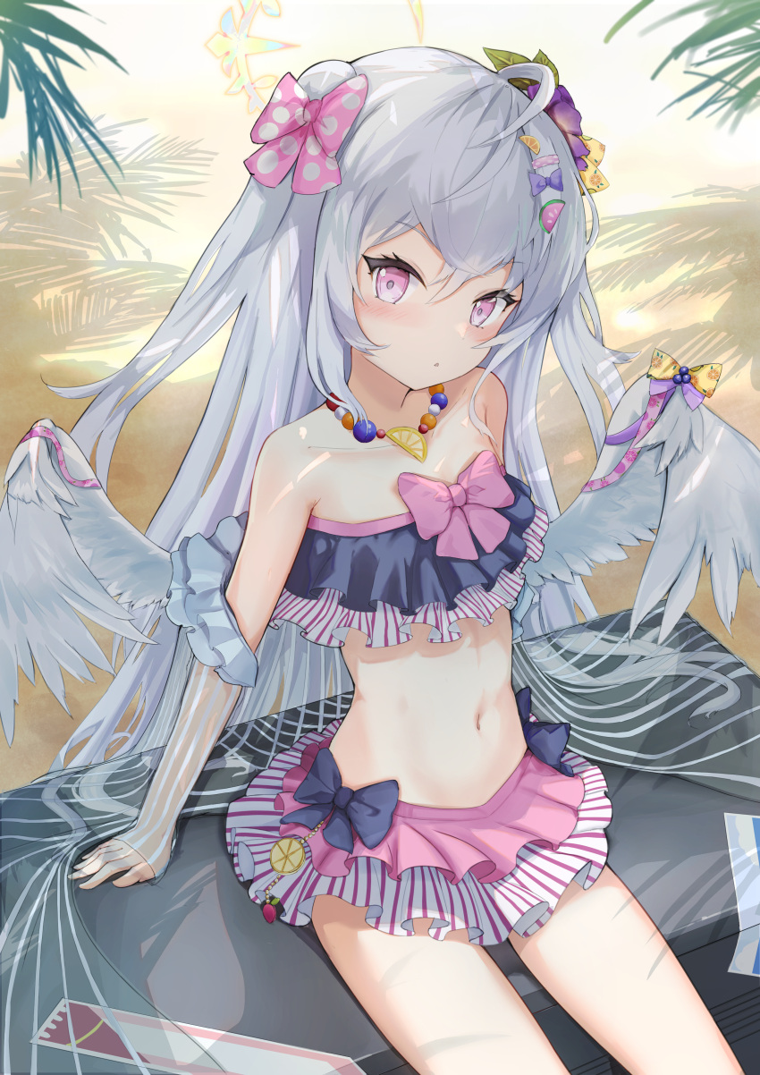 1girl absurdres angel_wings azusa_(blue_archive) beach belly blue_archive blush breasts ebusa eyebrows_visible_through_hair flower hair_between_eyes hair_flower hair_ornament halo hands highres long_hair outdoors pink_eyes ribbon sand silver_hair sitting small_breasts swimsuit twintails wings