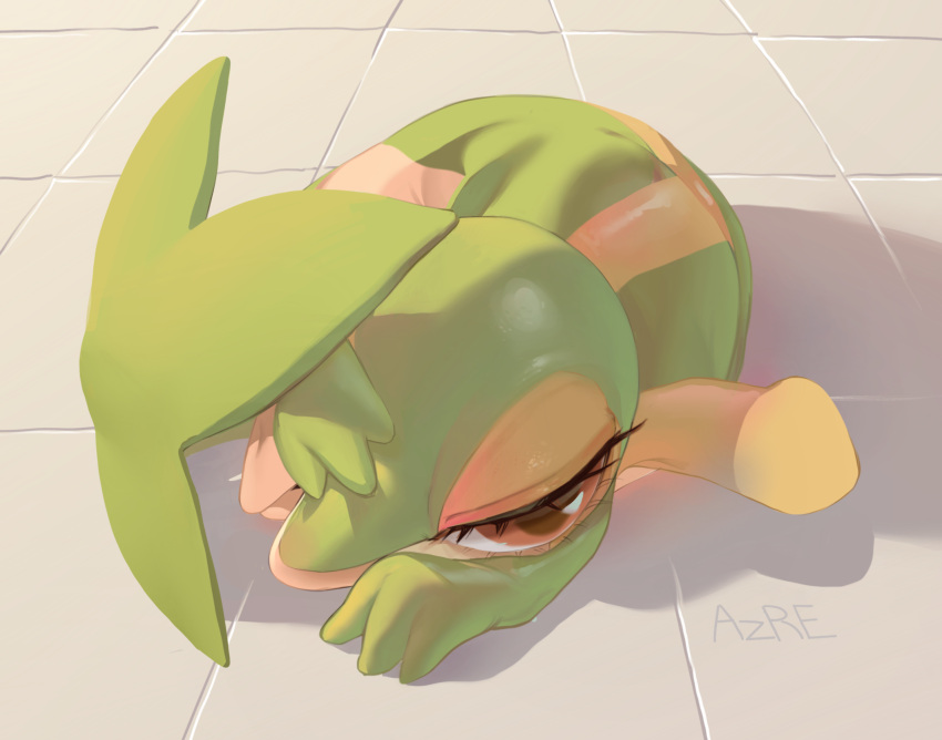 azre brown_eyes covering covering_self detailed_background eyelashes female feral floor half-closed_eyes hi_res narrowed_eyes nintendo pok&eacute;mon pok&eacute;mon_(species) red_eyes semi-anthro shy snivy solo tile tile_floor video_games