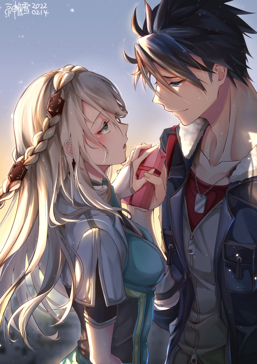 1boy 1girl aqua_eyes black_hair blonde_hair blue_eyes blue_jacket blush box braid breasts closed_mouth commentary couple crown_braid dated dog_tags earrings eiyuu_densetsu elaine_auclair english_commentary eyebrows_visible_through_hair face-to-face from_side fur-trimmed_jacket fur_trim gift gift_box hair_between_eyes hetero highres holding holding_gift holding_hands jacket jewelry kuro_no_kiseki light_particles long_hair looking_at_another medium_breasts mixed-language_commentary open_clothes open_jacket open_mouth profile red_shirt shirt short_hair smile spiked_hair upper_body valentine van_arkride white_jacket white_shirt willfin zipper zipper_pull_tab