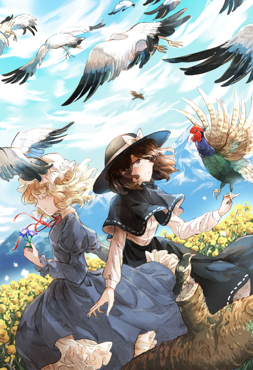 2girls bird bird_on_hand black_capelet black_headwear black_skirt blonde_hair blue_dress blush bow brown_eyes brown_hair capelet closed_eyes closed_mouth cloud cloudy_sky collared_dress commentary day dove dress eyebrows_behind_hair field fingernails flower flower_field frilled_dress frilled_sleeves frills hair_over_one_eye hat hat_bow highres holding holding_flower horo_uguisu log long_sleeves looking_at_animal maribel_hearn mob_cap mountain mountainous_horizon multiple_girls outdoors peacock purple_flower ribbon-trimmed_capelet ribbon-trimmed_skirt ribbon_trim shirt short_hair skirt sky sleeve_cuffs smile standing swallow_(bird) touhou usami_renko white_bow white_headwear white_shirt yellow_flower