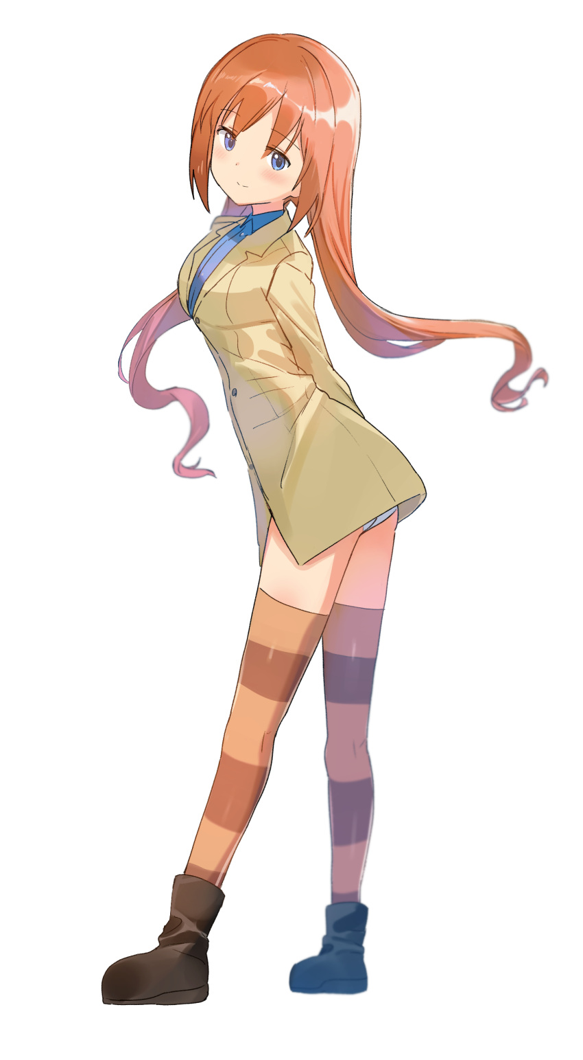1girl absurdres arms_behind_back bangs blue_eyes blue_shirt blush boots closed_mouth collared_shirt dress_shirt eyebrows_visible_through_hair floating_hair highres leaning_forward long_hair long_sleeves looking_at_viewer low_twintails mejina orange_hair parted_bangs patricia_schade shiny shiny_hair shirt simple_background smile solo striped striped_legwear thighhighs thighs twintails white_background world_witches_series