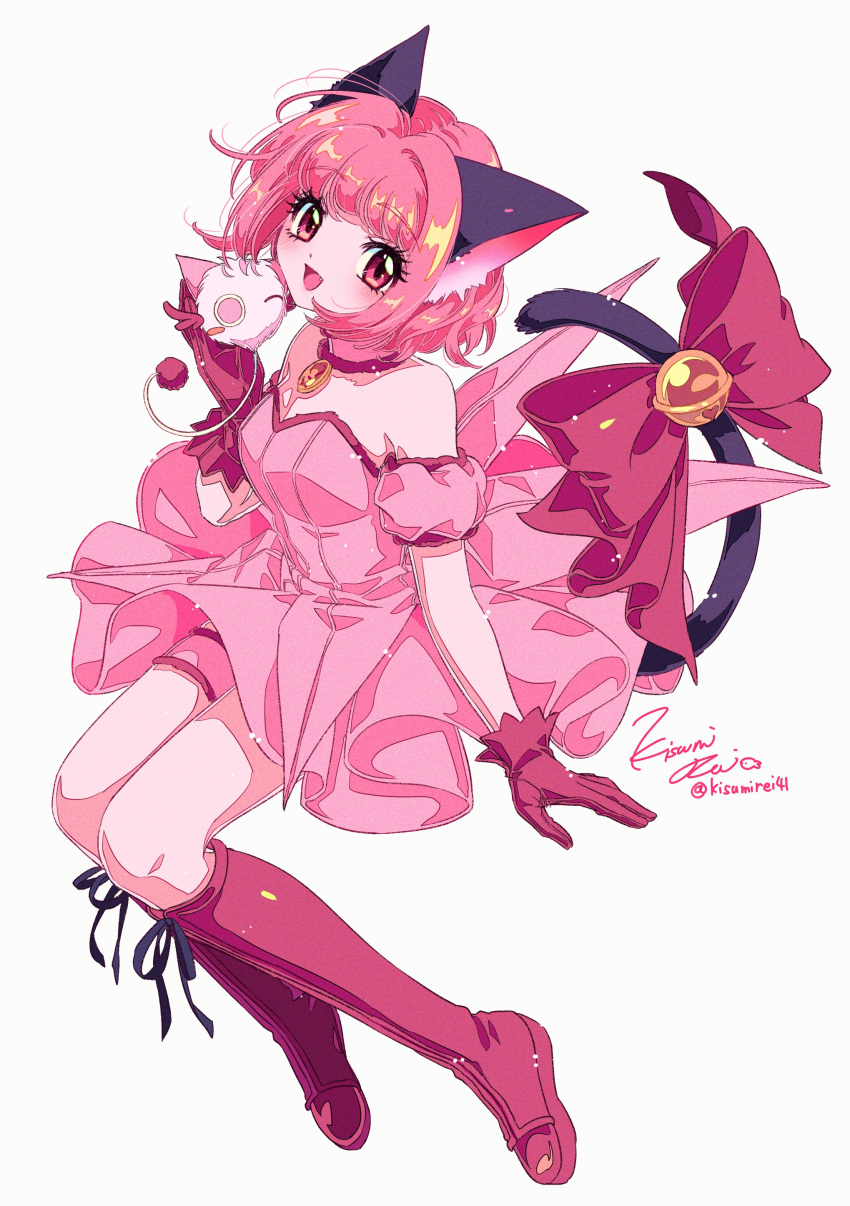 1girl absurdres animal_ears artist_name bangs bell blunt_bangs boots bow breasts cat_ears cat_girl cat_tail choker detached_sleeves dress gloves highres kisumi_rei knee_boots looking_at_viewer magical_girl masha_(tokyo_mew_mew) mew_ichigo momomiya_ichigo pink_bow pink_choker pink_dress pink_eyes pink_footwear pink_gloves pink_hair puffy_detached_sleeves puffy_dress puffy_sleeves short_hair sitting small_breasts smile solo tail tail_bell tail_bow tail_ornament tokyo_mew_mew wavy_hair white_background