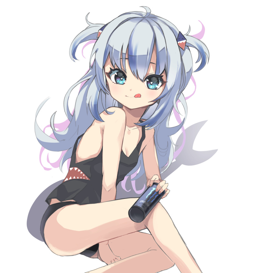 1girl :q black_panties black_tank_top blue_eyes blue_hair breasts can energy_drink fish_tail gari_gari_1 gawr_gura highres holding holding_can hololive hololive_english long_hair looking_at_viewer monster_energy no_pants panties shark_girl shark_tail sitting small_breasts smile soda_can solo tail tank_top thighs tongue tongue_out two_side_up underwear underwear_only virtual_youtuber