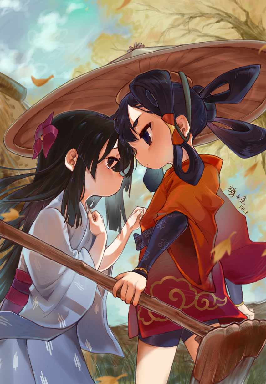 2girls absurdres arm_up bike_shorts black_hair black_shorts blue_kimono blush brown_eyes cloud eye_contact face-to-face hand_on_own_chest hat highres hoe japanese_clothes kimono leaf linjiiyu_ly9 long_hair looking_at_another multiple_girls obi outdoors pinwheel_hair_ornament print_kimono red_kimono rice_hat sakuna-hime sash shorts sky tensui_no_sakuna-hime tree very_long_hair wind yui_(tensui_no_sakuna-hime) yuri