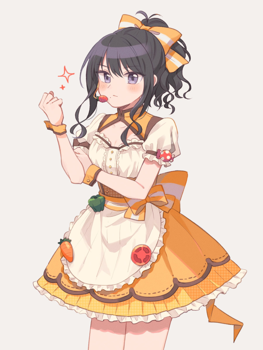 absurdres apron back_bow black_hair blush bow breasts carrot cleavage clenched_hand collarbone dress eyebrows_visible_through_hair food frilled_skirt frills fruit grey_eyes hair_bow hand_on_own_arm headset highres idolmaster idolmaster_shiny_colors kazano_hiori long_hair looking_at_viewer mole mole_under_mouth osushiyasan pepper ponytail puffy_short_sleeves puffy_sleeves serious short_sleeves skirt small_breasts solo sparks strawberry tomato waist_apron waist_bow wavy_hair white_background wrist_cuffs yellow_skirt