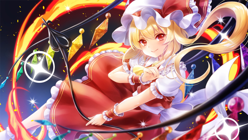 1girl ascot back_bow bangs black_background blonde_hair blue_background blush bow closed_mouth collared_shirt crystal eyebrows_visible_through_hair eyelashes fire flandre_scarlet flying frills gradient gradient_background hair_between_eyes hand_up hat hat_ribbon hobak jewelry laevatein_(touhou) looking_to_the_side mob_cap multicolored_wings one_side_up pointing polearm puffy_short_sleeves puffy_sleeves red_eyes red_ribbon red_skirt red_vest ribbon shirt short_hair short_sleeves skirt smile socks solo sparkle spear star_(symbol) symbol-only_commentary touhou vest weapon white_bow white_headwear white_legwear white_shirt wings wrist_cuffs yellow_ascot