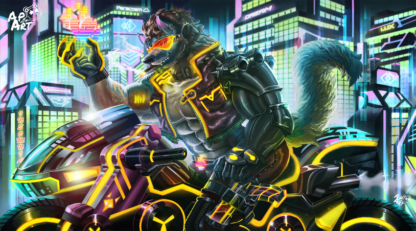 anthro astropandaart biker biker_jacket canid canine canis cybernetic_arm cybernetic_limb cyberpunk hi_res holo leather male mammal metallic motorcycle muscular sfw solo vehicle wolf