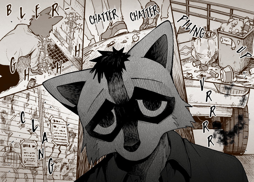 anthro araizumi_funaka bleak_ambiance bodily_fluids dark_ishihara ears_down gloom_(disambiguation) hi_res litter male mammal pivoted_ears procyonid raccoon solo trash vomit