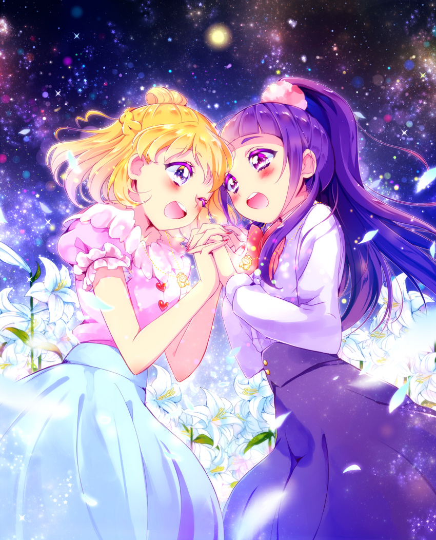 2girls asahina_mirai blonde_hair blush eyebrows_visible_through_hair flower highres holding_hands interlocked_fingers izayoi_liko long_hair looking_at_viewer mahou_girls_precure! multiple_girls night night_sky one_eye_closed open_mouth piano_(mymel0v) precure purple_eyes purple_hair short_hair skirt sky smile star_(sky) starry_sky yuri