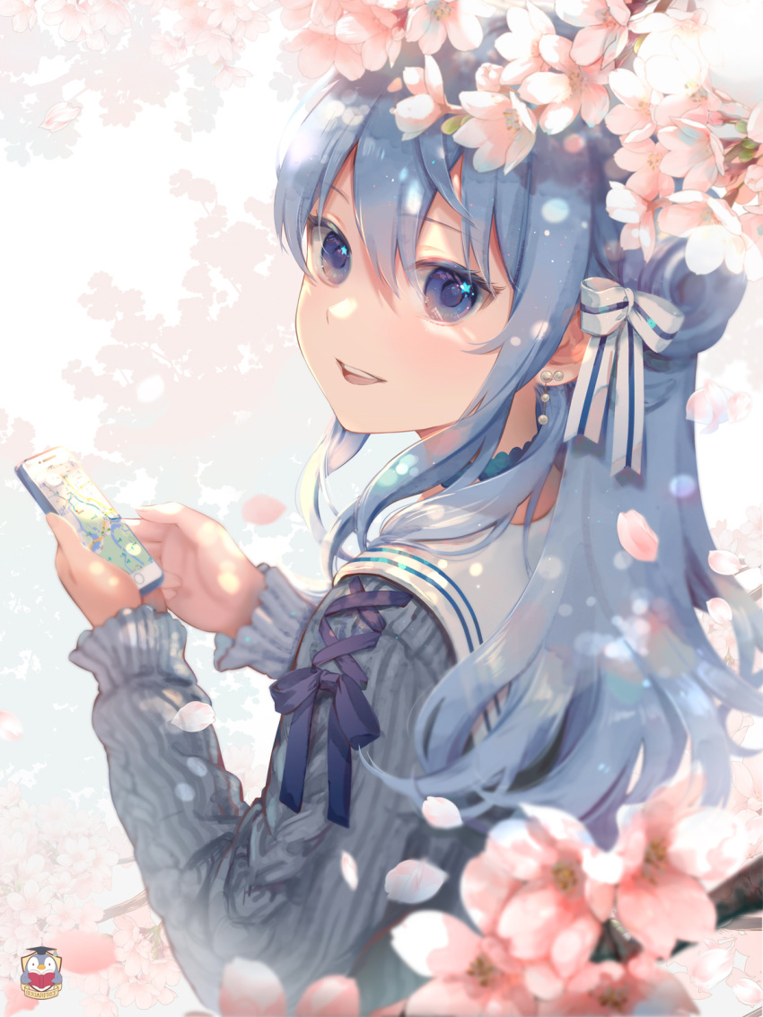 1girl aran_sweater bangs blue_eyes blue_hair bow cellphone cherry_blossoms choker commentary_request earrings hair_bow hair_ribbon highres holding holding_phone hololive hoshimachi_suisei jewelry kamui_(kamuikaoru) long_hair looking_at_viewer open_mouth pearl_earrings petals phone ribbon sailor_collar smartphone solo star_(symbol) star_in_eye sweater symbol_in_eye virtual_youtuber white_sailor_collar