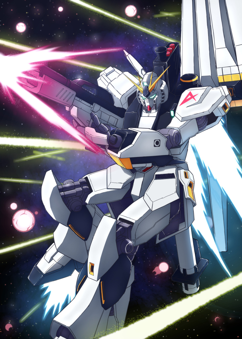 beam_rifle char's_counterattack commentary eccu7732 energy_gun fin_funnels funnels_(gundam) glowing glowing_eyes green_eyes gun gundam highres holding holding_gun holding_weapon machinery mecha mecha_focus mobile_suit no_humans nu_gundam robot science_fiction solo space v-fin weapon