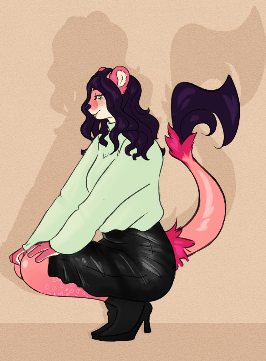 2022 absurd_res anthro bellachrons black_hair bottomwear clothed clothing colored crouching digital_drawing_(artwork) digital_media_(artwork) dress felid female flat_colors fluffy fluffy_tail fur hair heart_(marking) hi_res high_heels light lighting lion lyla_no'uka mammal pantherine pink_body pink_fur pink_skin side_view simple_background skirt smile solo spots sweater topwear tufted_ears turtleneck