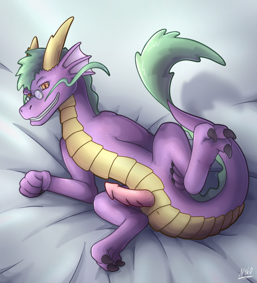 asian_mythology bed dragon east_asian_mythology eastern_dragon feet furniture genitals hi_res ipsum_(awsw) looking_at_viewer lying lying_on_bed male mythology n1k0 nude on_bed penis presenting presenting_penis scales scalie solo