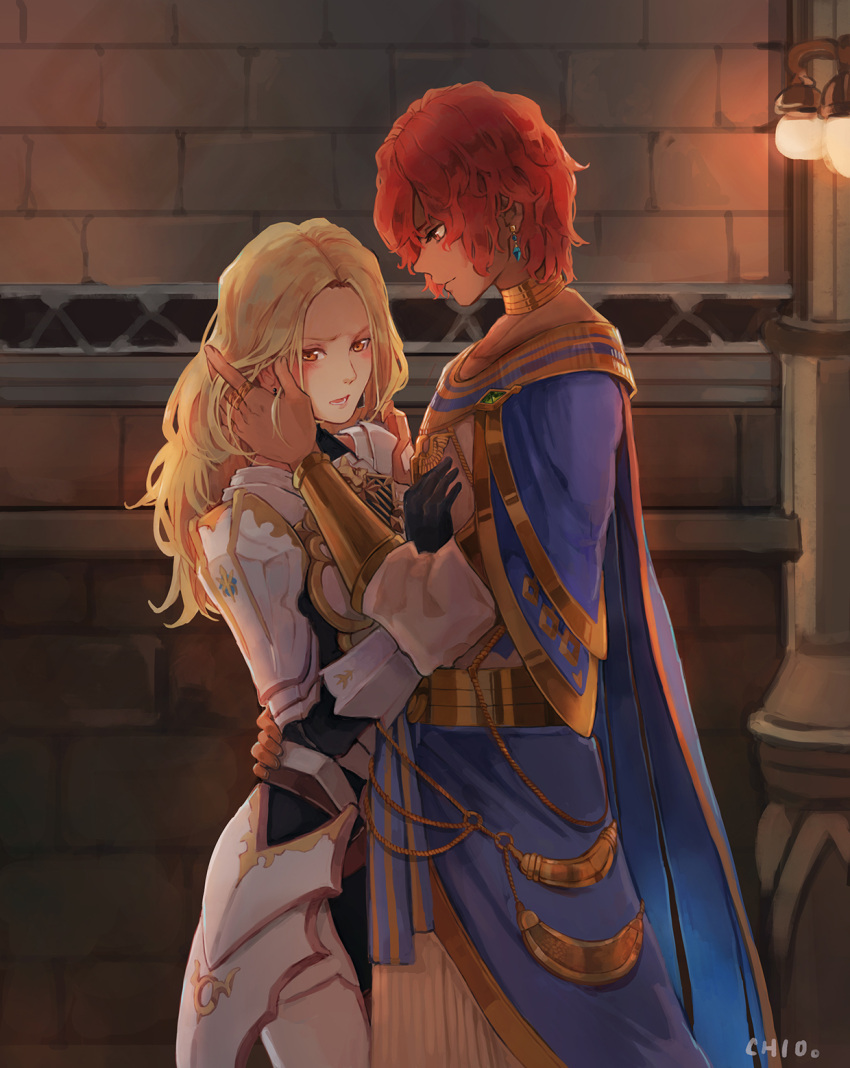 1boy 1girl arm_around_waist armor black_gloves blonde_hair blush chio_heya couple dohalim_(tales) earrings embarrassed from_side gloves hand_in_another's_hair hetero highres indoors jewelry kisara_(tales) long_hair looking_at_another looking_away orange_eyes red_eyes red_hair short_hair shoulder_armor signature straight_hair tales_of_(series) tales_of_arise