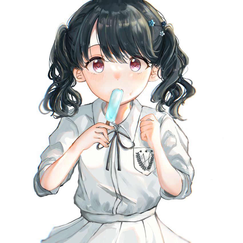1girl black_hair black_neckwear black_ribbon commentary_request eating fang flower food fukumaru_koito hair_flower hair_ornament highres idolmaster idolmaster_shiny_colors looking_at_viewer neck_ribbon pleated_skirt popsicle purple_eyes ribbon shirt skin_fang skirt sleeves_rolled_up solo sweatdrop tonomura twintails white_background white_shirt white_skirt