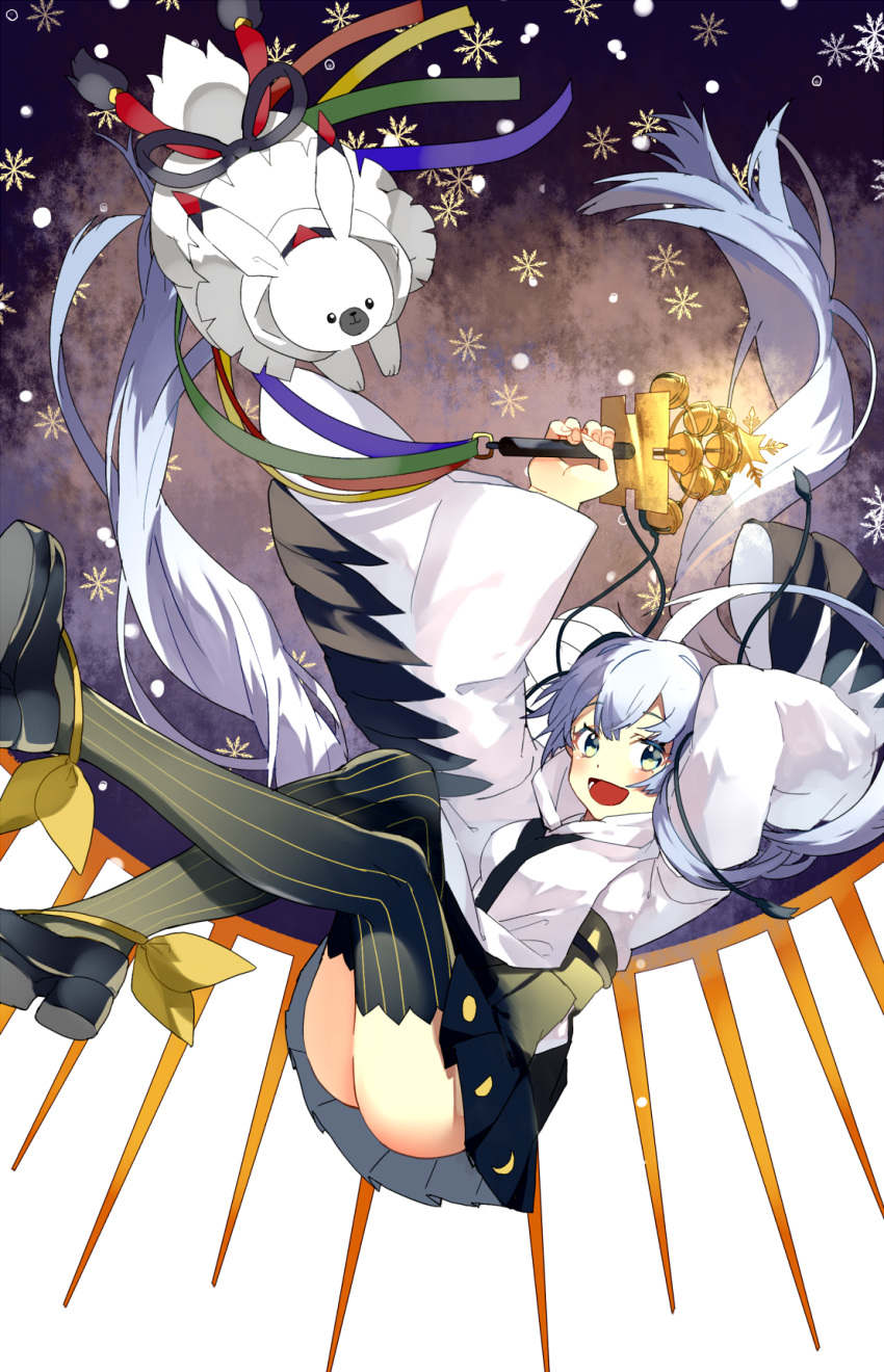 1girl animal bell black_skirt black_thighhighs blue_eyes blue_ribbon blush chihaya_(clothing) collarbone commentary_request enma614_(patidonn) green_ribbon hair_ornament hatsune_miku highres holding holding_bell japanese_clothes jingle_bell kagura_suzu long_hair miko musical_note musical_note_print musical_staff musical_staff_print official_alternate_costume official_alternate_hairstyle open_mouth pleated_skirt rabbit rabbit_yukine ribbon skirt smile snowflake_print striped_clothes striped_thighhighs thighhighs twintails vertical-striped_clothes vertical-striped_thighhighs very_long_hair vocaloid white_hair yellow_ribbon yuki_miku yuki_miku_(2018)