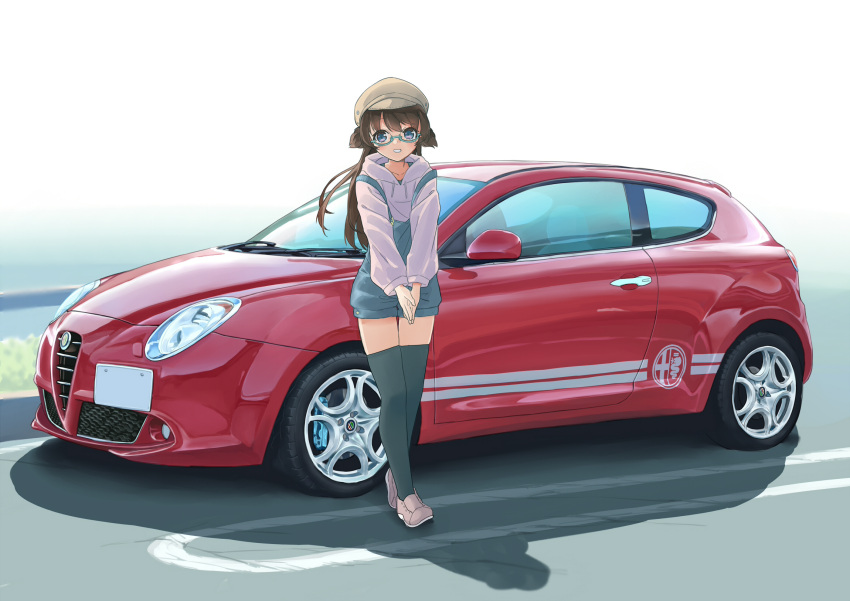 1girl alfa_romeo alfa_romeo_giulietta amemiya_sekira black_legwear brown_hair brown_headwear cabbie_hat car commentary_request day glasses green-framed_eyewear ground_vehicle hat highres hood hood_down hoodie long_hair long_sleeves looking_at_viewer motor_vehicle original outdoors overall_shorts overalls own_hands_together palms_together parted_lips pink_footwear puffy_long_sleeves puffy_sleeves purple_hoodie sekira_ame semi-rimless_eyewear shoes smile solo thighhighs two_side_up under-rim_eyewear vehicle_focus vehicle_request very_long_hair