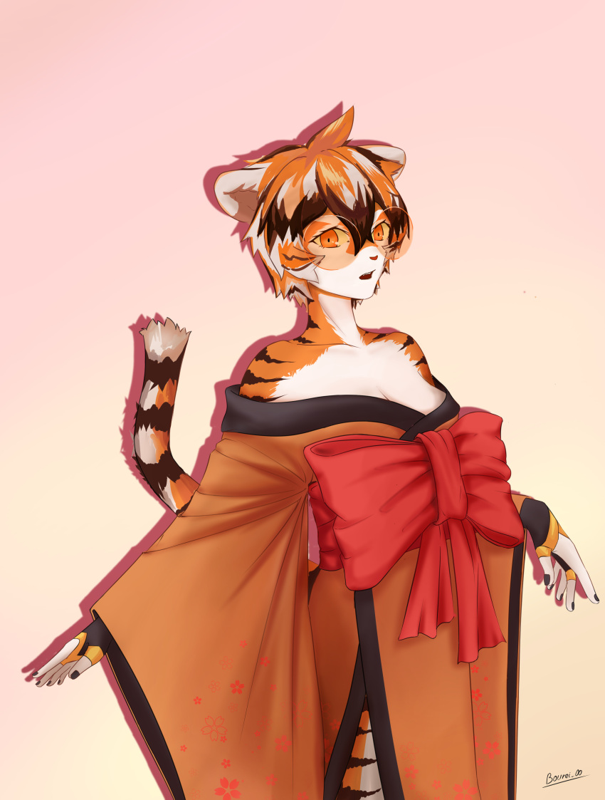 absurd_res anthro arknights black_body bourei_00 breasts cleavage clothed clothing felid female fur hair hi_res hypergryph mammal multicolored_body multicolored_fur multicolored_hair open_mouth orange_body orange_fur orange_hair pantherine portrait solo studio_montagne three-quarter_portrait tiger video_games waaifu_(arknights) white_body white_fur white_hair