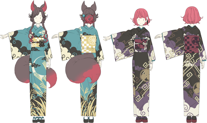 2girls animal_ears bangs black_kimono black_legwear brown_hair closed_mouth flip-flops full_body green_kimono hair_bun hair_ornament highres horikawa_raiko imaizumi_kagerou japanese_clothes kimono long_sleeves multiple_girls multiple_views outstretched_arm red_hair sakuraba_yuuki sandals short_hair simple_background smile tail touhou white_background white_legwear wolf_ears wolf_girl wolf_tail |_|