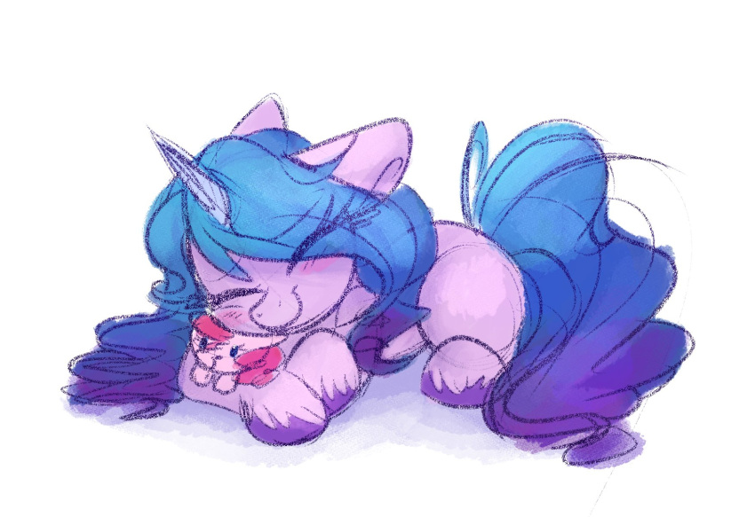 blue_hair blue_tail blush colored_sketch equid equine eyelashes eyes_closed female feral friendship_is_magic hair happy hasbro hi_res hooves horn izzy_moonbow_(mlp) littleblackraencloud long_hair long_tail mammal mlp_g5 my_little_pony pinkie_pie_(mlp) plushie purple_body sketch smile unicorn