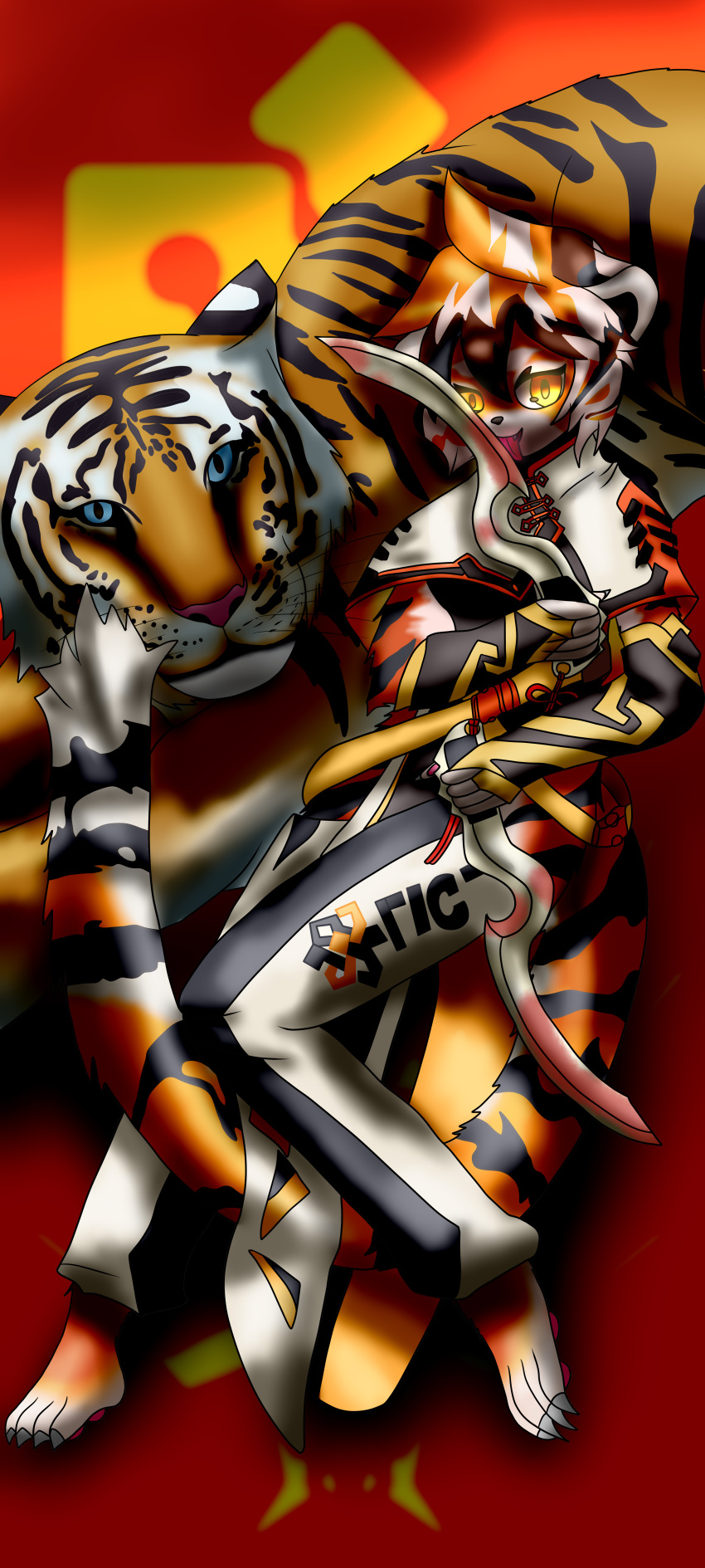 absurd_res ambiguous_gender anthro arknights barefoot black_body blood bodily_fluids clothing dragon1900 duo feet felid female feral fur hair hi_res holding_object holding_weapon hypergryph knife licking mammal multicolored_body multicolored_fur multicolored_hair orange_body orange_fur orange_hair pantherine studio_montagne tiger tongue tongue_out video_games waaifu_(arknights) weapon white_body white_fur white_hair