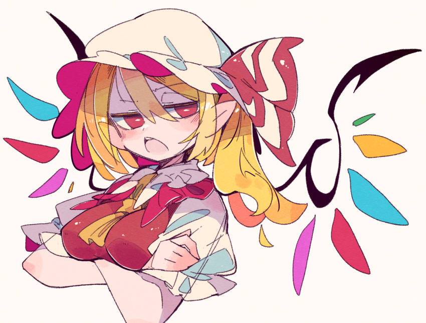 1girl ascot blonde_hair bow crystal fang flandre_scarlet frilled_shirt frilled_shirt_collar frilled_sleeves frills hat hat_ribbon massakasama medium_hair mob_cap one_side_up puffy_short_sleeves puffy_sleeves red_bow red_eyes red_ribbon red_vest ribbon shirt short_sleeves solo touhou vest white_shirt wings yellow_ascot yellow_neckwear