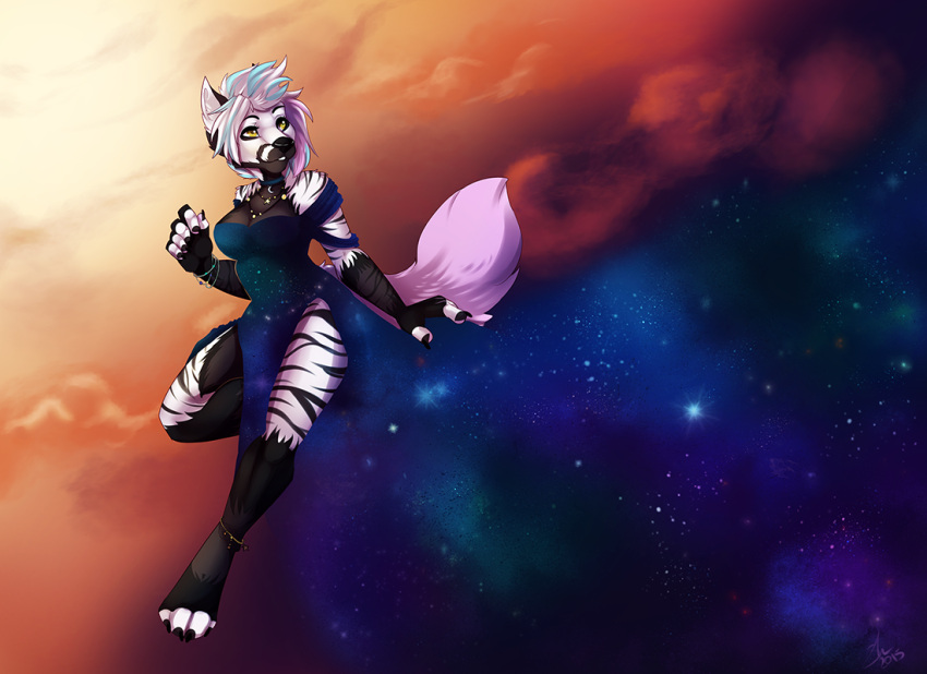 2015 abstract_background amber_eyes anklet anthro blue_hair bracelet canid canine clothing cloud contrast dress female fox hair jewelry mammal multicolored_body multicolored_hair nebula necklace pink_hair pink_tail shariea shoresan signature solo star sun sunset teeth tiger_stripes two_tone_body white_hair