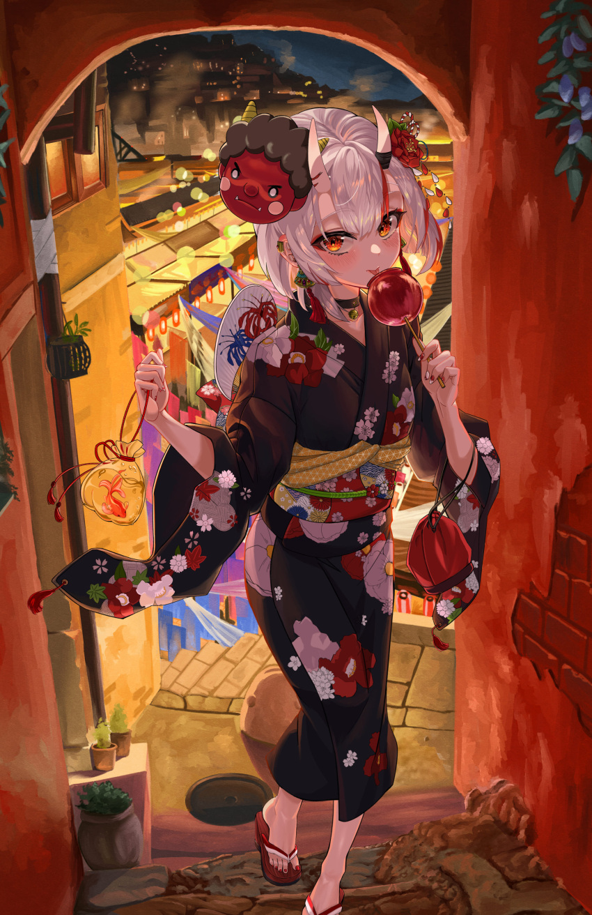 1girl :p absurdres bag bagged_fish bangs bell black_choker black_kimono blush candy_apple choker eyebrows_visible_through_hair festival fish floral_print flower food hair_flower hair_ornament hand_fan highres holding holding_food hololive horns japanese_clothes jingle_bell kimono kinchaku long_sleeves looking_at_viewer mask mask_on_head multicolored_hair nail_polish nakiri_ayame neck_bell obi oni_horns paper_fan pouch red_eyes red_flower red_hair red_nails sandals sash short_hair simple_background snarkhunt solo stairs standing streaked_hair toenail_polish toenails tongue tongue_out uchiwa virtual_youtuber yukata