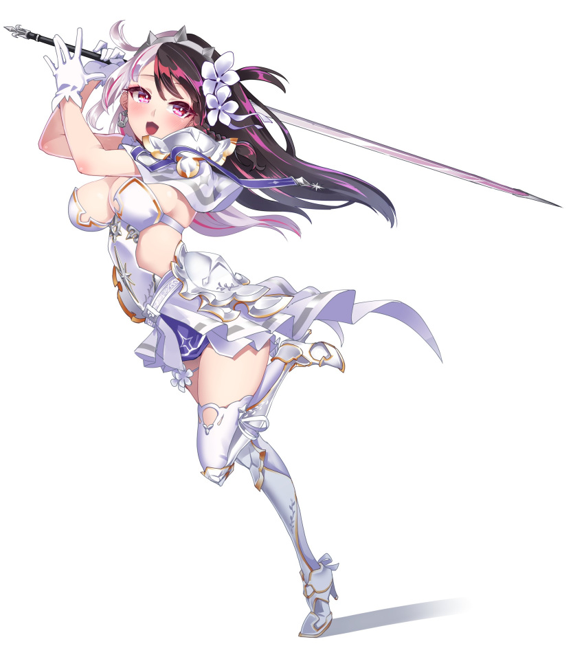 1girl absurdres blush breasts brown_hair cleavage dress flower grey_flower hair_flower hair_ornament hakkaku_shikimi head_tilt high_heels highres holding holding_sword holding_weapon large_breasts looking_to_the_side multicolored_hair nijisanji official_alternate_costume open_mouth pink_eyes pink_hair running shadow smile solo streaked_hair sword thighhighs two_side_up weapon white_background white_dress white_footwear white_hair white_legwear yorumi_rena