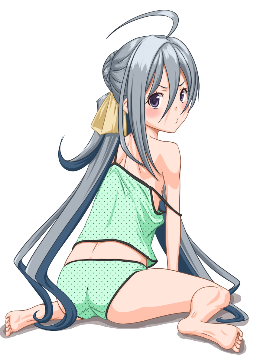 1girl ahoge ass camisole commentary_request from_behind full_body green_camisole green_panties grey_eyes grey_hair hair_between_eyes hair_bun highres kantai_collection kiyoshimo_(kancolle) looking_at_viewer looking_back low_twintails o3o panties polka_dot polka_dot_camisole polka_dot_panties pout simple_background sitting solo strap_slip t2r twintails underwear wariza white_background