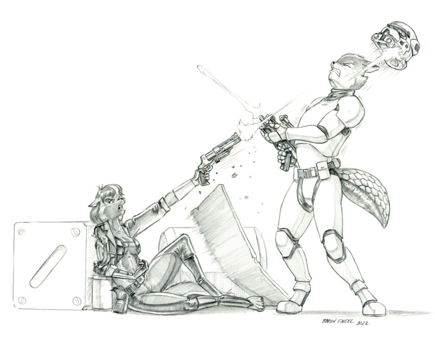 2022 anthro armor baron_engel blaster breasts canid canine clothing duo eyes_closed female fox graphite_(artwork) greyscale gun headgear helmet jacket male mammal monochrome open_mouth pencil_(artwork) ranged_weapon sitting star_wars stormtrooper story story_in_description topwear traditional_media_(artwork) weapon