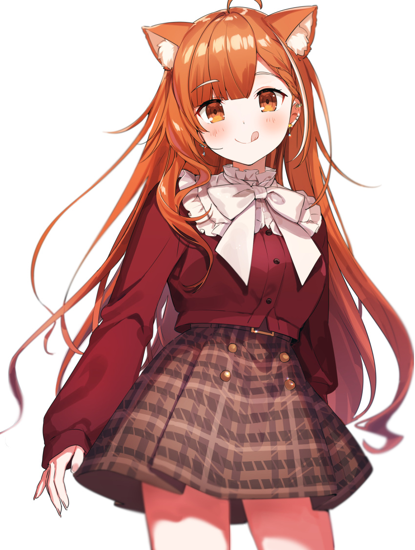 1girl :p absurdres ahoge animal_ear_fluff animal_ears bangs belt blunt_bangs bow bowtie braid brown_skirt closed_mouth contrapposto cowboy_shot ear_piercing earrings eyebrows_visible_through_hair frilled_shirt_collar frills highres jewelry long_hair looking_at_viewer nijisanji orange_eyes orange_hair piercing plaid plaid_skirt ratna_petit red_panda_ears red_shirt shirt simple_background skirt sleeves_past_wrists smile solo tongue tongue_out white_background white_bow yumesaki_nana