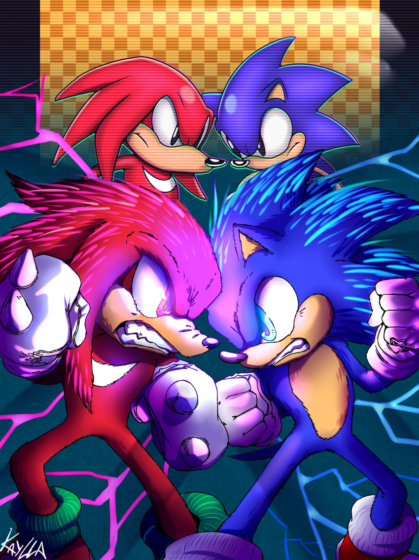 absurd_res anthro black_eyes blue_body blue_eyes blue_fur checkered_background classic_knuckles classic_sonic classic_sonic_(universe) clenched_teeth clothing duo echidna eulipotyphlan face_off footwear fur glaring gloves handwear hedgehog hi_res kayllacat knuckles_the_echidna lightning male mammal monotreme paramount_pictures pattern_background purple_eyes quills red_body red_fur sega shoes simple_background socks sonic_the_hedgehog sonic_the_hedgehog_(film) sonic_the_hedgehog_(series) sonic_the_hedgehog_2_(film) stare tan_body tan_skin teeth