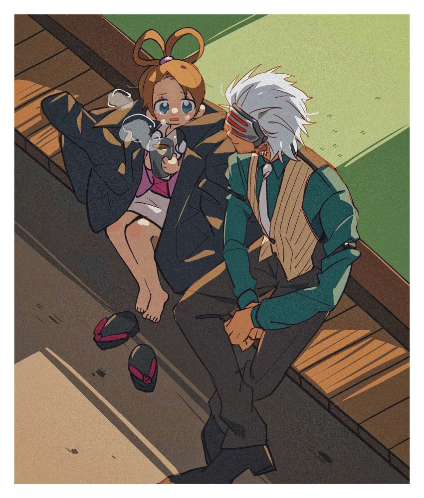 1boy 1girl ace_attorney beard brown_hair brown_pants cup facial_hair formal godot_(ace_attorney) grgrton hair_rings highres jacket jacket_on_shoulders japanese_clothes kimono mask mug necktie open_mouth pants pearl_fey phoenix_wright:_ace_attorney_-_trials_and_tribulations vest visor white_hair