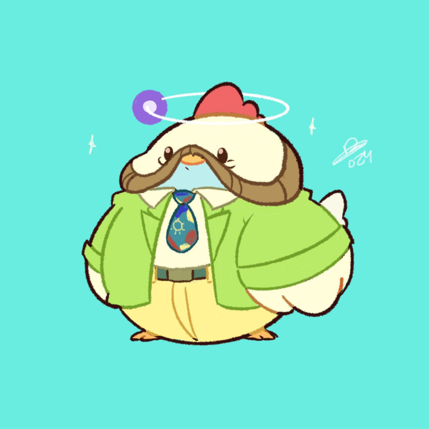 1boy animalization belt bird black_eyes blazer chibi chibi_only chicken collared_shirt commentary disco_elysium english_commentary facial_hair facing_viewer full_body green_jacket harry_du_bois highres horrific_necktie jacket male_focus mutton_chops necktie nurve26 shirt solo standing white_shirt