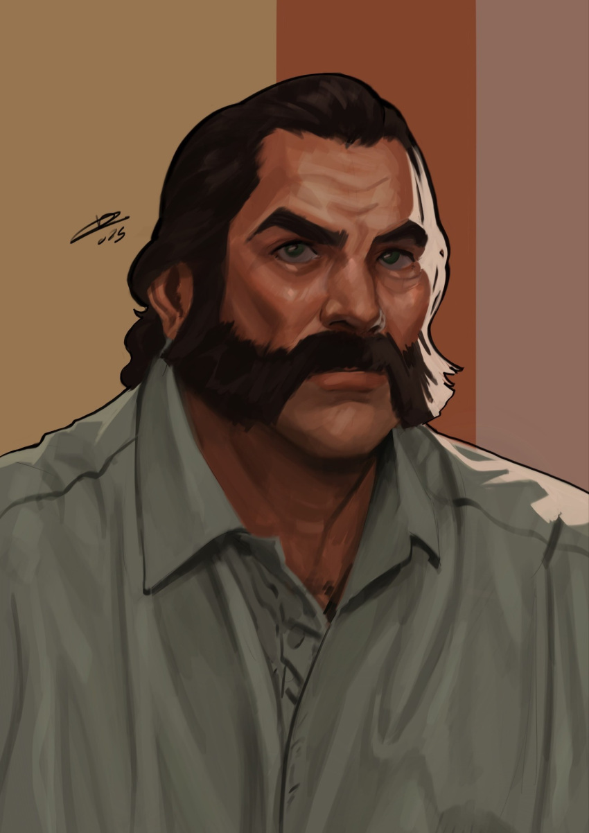 1boy brown_hair collared_shirt commentary disco_elysium english_commentary facial_hair furrowed_brow hair_slicked_back harry_du_bois highres looking_at_viewer male_focus mutton_chops nurve26 paid_reward_available shirt sidelighting solo upper_body white_shirt wrinkled_skin